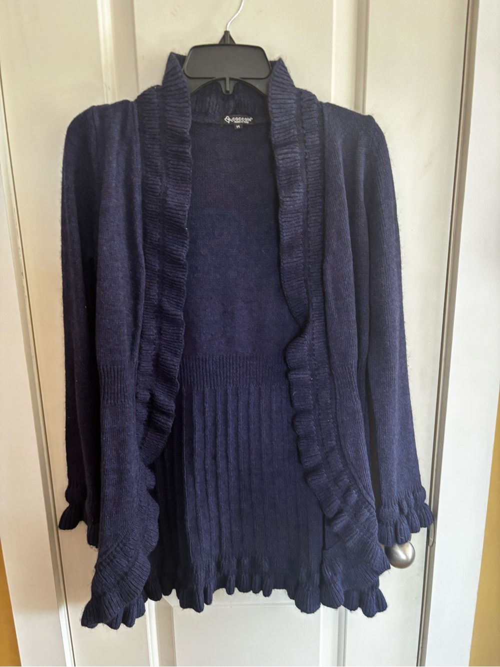 Ruffled Open Front Knit Cardigan in Navy
